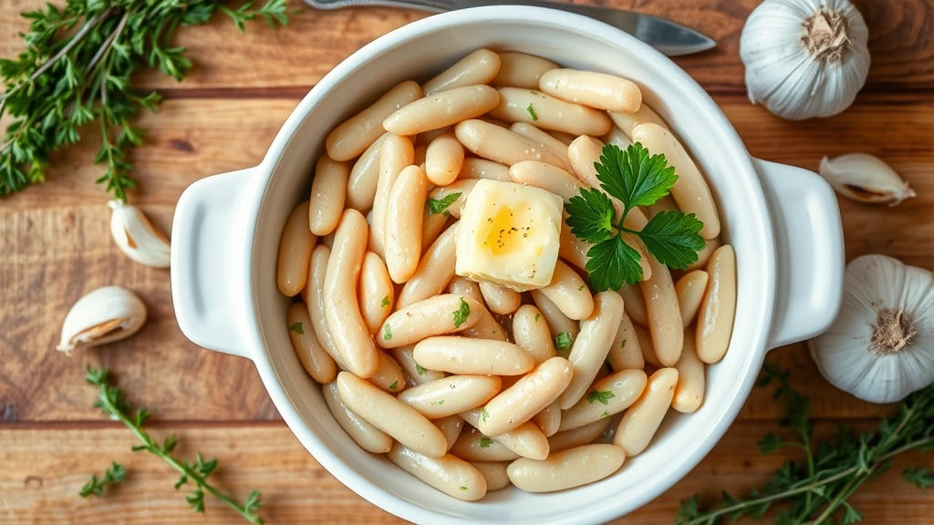 Overhead shot of creamy lima beans in a white ceramic bowl, garnished with fresh parsley and a drizzle of butter, surrounded by fresh thyme sprigs and garlic cloves on a warm wooden table