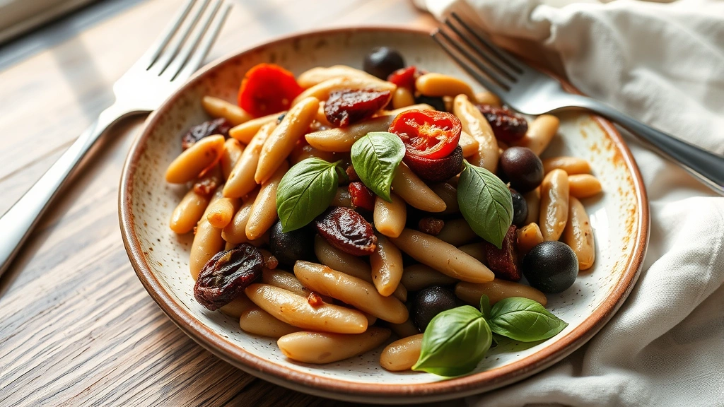 Rustic plated presentation of Mediterranean lima bean dish with sun-dried tomatoes, kalamata olives, and fresh basil on a speckled ceramic plate, with a fork and linen napkin visible, natural window lighting