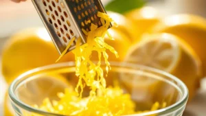 Close-up of microplane zesting bright yellow lemon peel, showing fine zest falling into glass bowl, Mediterranean sunlight, fresh organic lemons in background