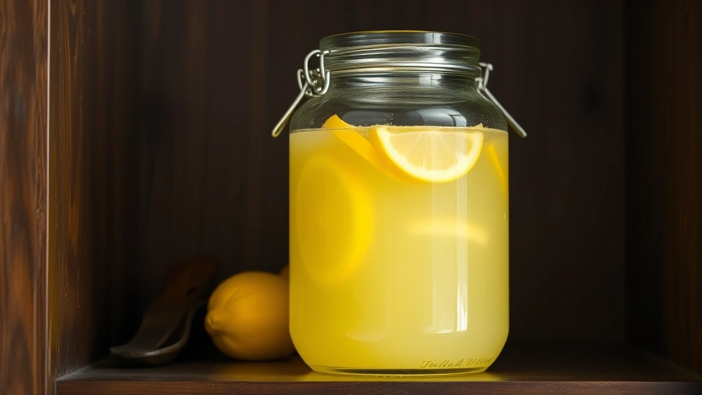 Large glass jar filled with pale golden-yellow limoncello infusion, lemon zest visible through clear glass, sitting in dark wooden cabinet shelf, soft natural lighting