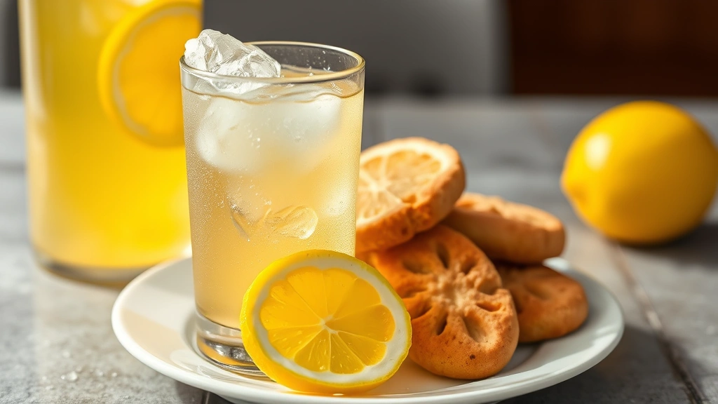 Crystal-clear glasses of bright golden limoncello served ice-cold from freezer, condensation on glass, served with fresh lemon slices and Italian almond biscotti on white plate