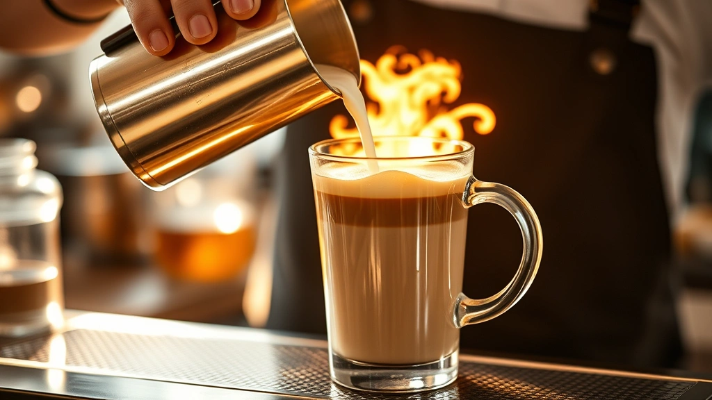Barista pouring steamed milk into a clear glass cup containing brewed Earl Grey tea with vanilla syrup, creating latte art effect, golden afternoon light, steam visible rising from the drink
