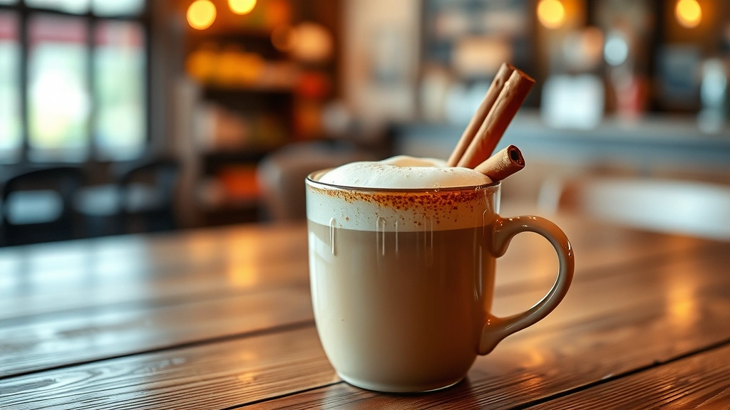 Finished London Fog beverage in a ceramic mug with microfoam layer on top, garnished with a cinnamon stick, sitting on wooden table with blurred café background, warm ambient lighting