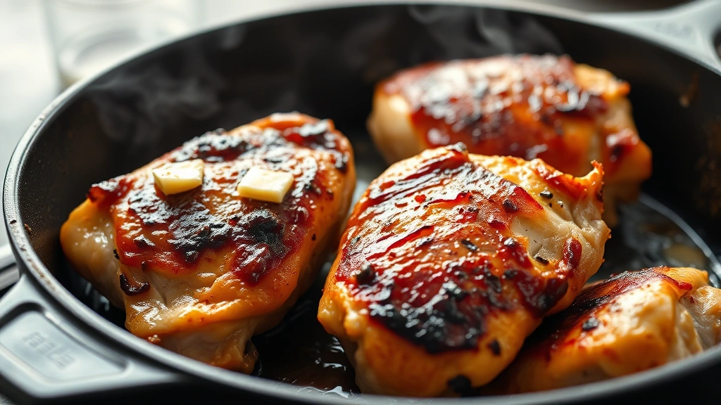 Close-up of golden-brown pan-seared chicken thighs with crispy skin in a cast iron skillet, butter and garlic cloves visible, steam rising, professional food photography