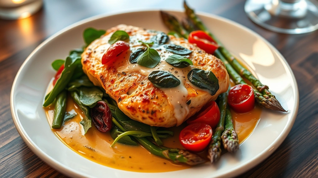 Vibrant plated Tuscan chicken with creamy sauce, fresh spinach, sun-dried tomatoes, and roasted asparagus on white ceramic plate, warm lighting, restaurant-quality presentation