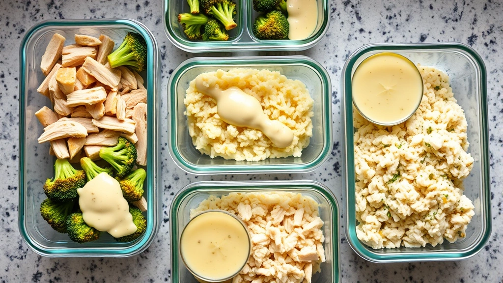 Overhead shot of meal prep containers with shredded chicken, roasted broccoli, cauliflower rice, and lemon herb sauce, organized in glass storage containers on kitchen counter