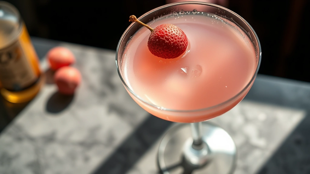 Overhead shot of a perfectly chilled lychee martini in a classic martini glass with a fresh lychee garnish on the rim, condensation on the glass, soft natural lighting highlighting the pale pink cocktail color, bar counter background slightly blurred