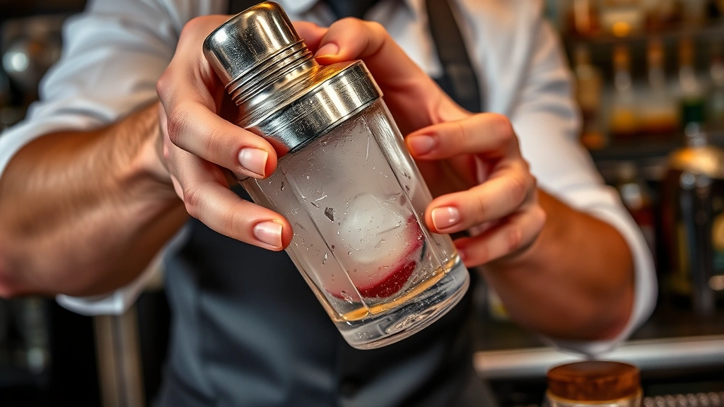 Close-up of a bartender's hands shaking a cocktail shaker filled with ice, lychee martini ingredients visible, metal shaker glistening with condensation, professional bar setting with bottles and tools in background, dynamic motion captured