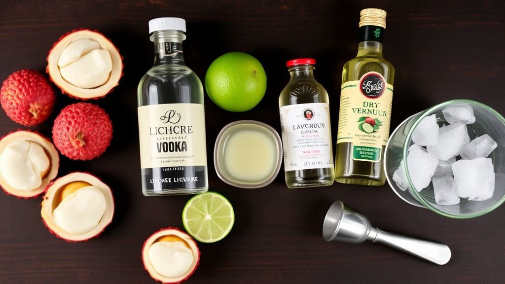 Flat lay of lychee martini ingredients arranged artfully: fresh lychees cut in half showing white flesh, lime cut into wedges, bottle of clear vodka, small bottle of lychee liqueur, dry vermouth bottle, fresh lime juice in a glass, ice cubes, and a jigger on a dark wooden surface