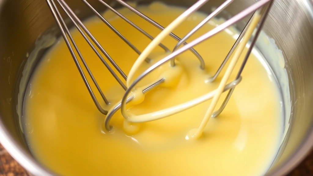 Close-up of silky vanilla custard being whisked in a stainless steel saucepan, showing the glossy coating on the whisk, warm lighting highlighting texture and richness