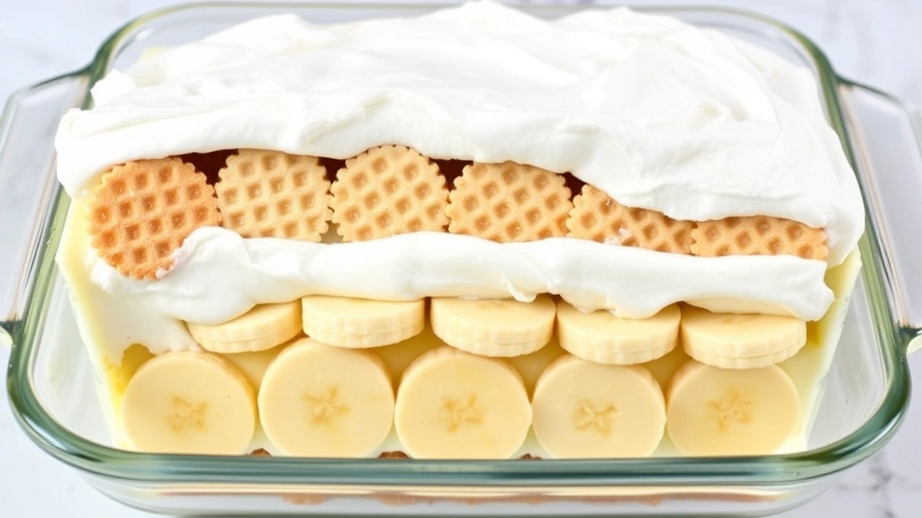 Beautiful cross-section view of assembled banana pudding layers showing creamy custard, softened vanilla wafers, fresh banana slices, and whipped cream topping in a glass baking dish
