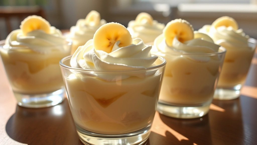 Finished banana pudding dessert in individual glass bowls with generous dollops of whipped cream on top, fresh banana slice garnish, natural daylight from window creating appetizing shadows and depth