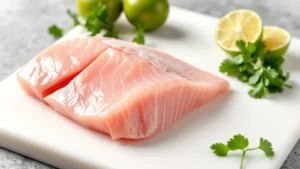 Fresh raw mahi mahi fillet with firm translucent pink flesh displayed on white cutting board with limes and cilantro sprigs beside it, professional food photography style