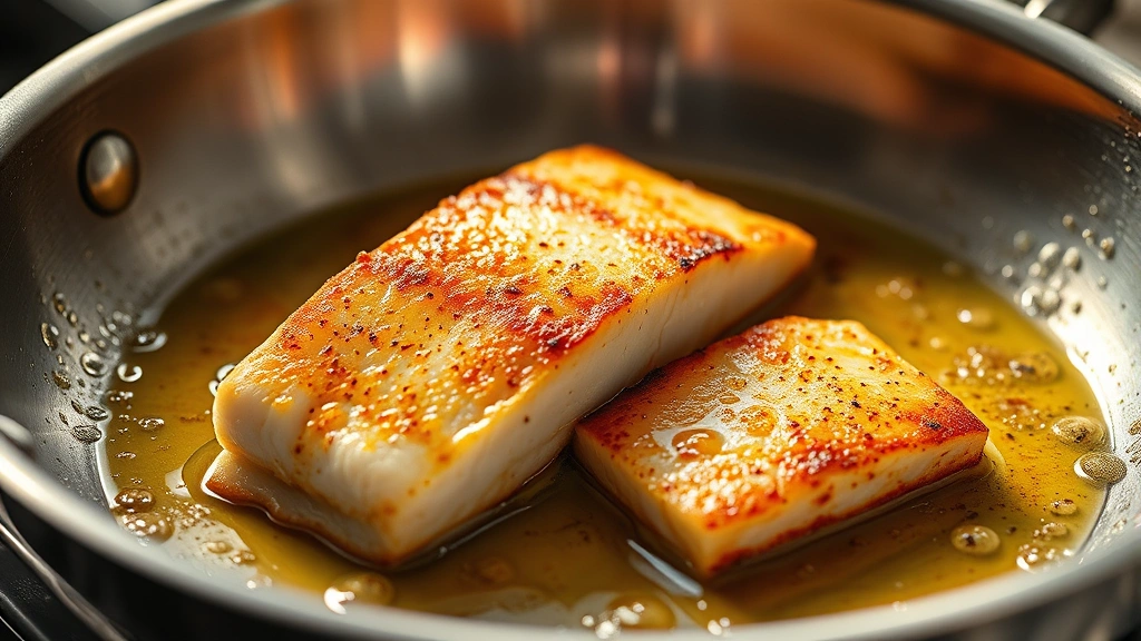 Golden-brown seared mahi mahi fillet in stainless steel skillet with oil bubbling around edges, steam rising, vibrant professional kitchen lighting