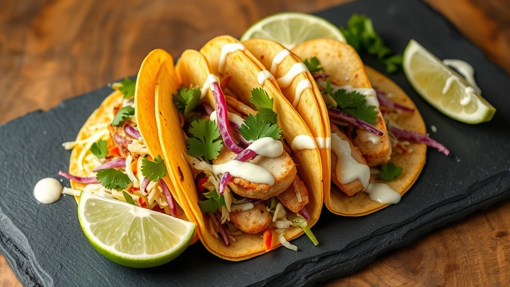 Fully assembled mahi mahi tacos on dark slate plate with charred corn tortillas, flaked fish, crispy cabbage slaw, fresh cilantro, avocado slices, lime wedges, and creamy sauce drizzle