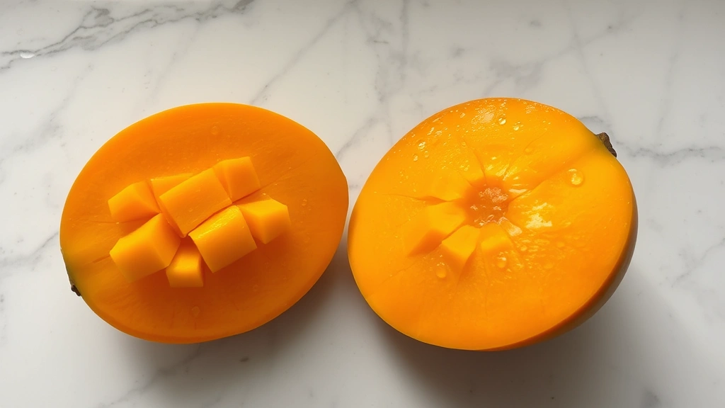 Fresh ripe mango cut in half showing golden-orange flesh, pit visible, natural lighting from above on marble countertop with water droplets