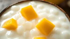 Close-up of translucent sago pearls suspended in creamy coconut milk, glistening under soft light with fresh mango cubes visible above