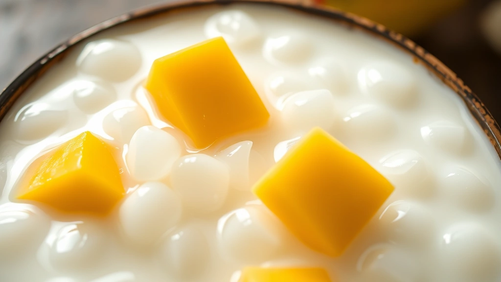 Close-up of translucent sago pearls suspended in creamy coconut milk, glistening under soft light with fresh mango cubes visible above