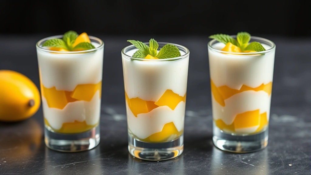 Three glasses of layered mango sago dessert showing contrast between white coconut cream and golden mango pieces, topped with fresh mint, professional plating