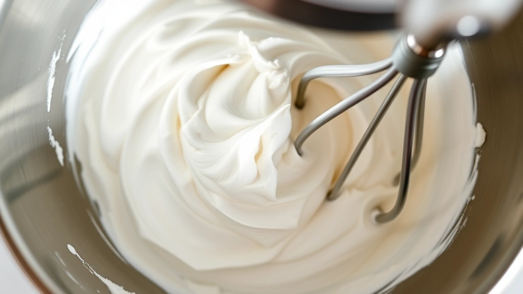 Close-up overhead shot of whipped marshmallow mixture in stand mixer bowl showing fluffy pale peaks with glossy sheen, mixer whip attachment visible, bright kitchen lighting