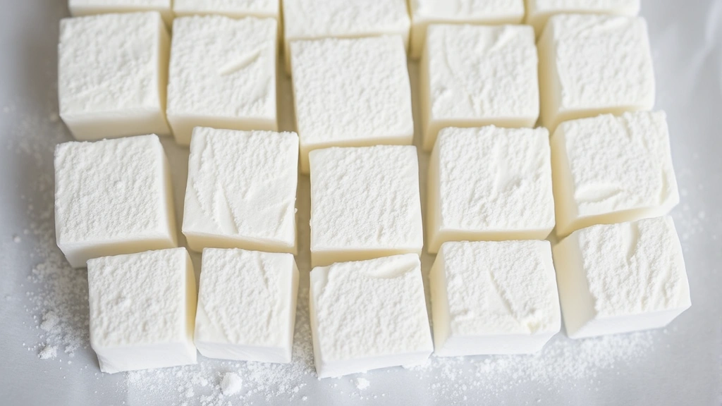 Freshly cut marshmallow squares dusted with cornstarch and powdered sugar coating, arranged on white parchment paper, showing light fluffy interior texture and white exterior coating