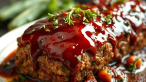 Close-up of glossy caramelized meatloaf glaze glistening on top of golden-brown meatloaf with herbs garnish, fresh from oven, steam rising