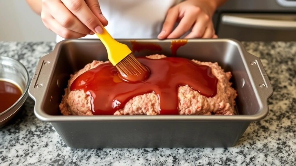 Hands using silicone pastry brush applying thick brown-red glaze evenly across raw meatloaf mixture in loaf pan, kitchen counter background