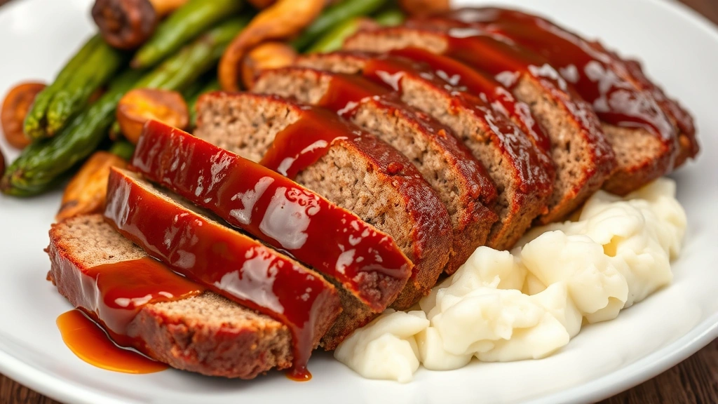 Perfectly sliced meatloaf with shiny caramelized glaze on each slice, arranged on white plate with mashed potatoes and roasted vegetables, professional food photography