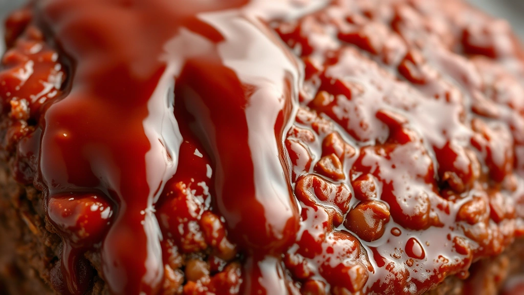 Close-up of glossy, caramelized meatloaf sauce dripping down cooked meatloaf with beautiful brown glaze, showing texture and shine