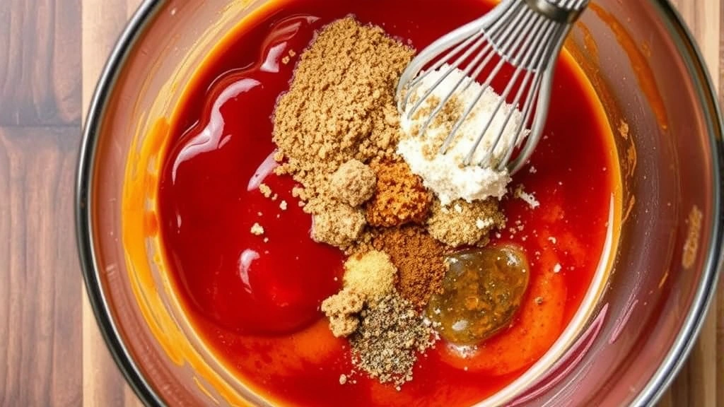 Overhead view of mixing ingredients for meatloaf sauce in a bowl, showing ketchup, brown sugar, vinegar, and spices being whisked together