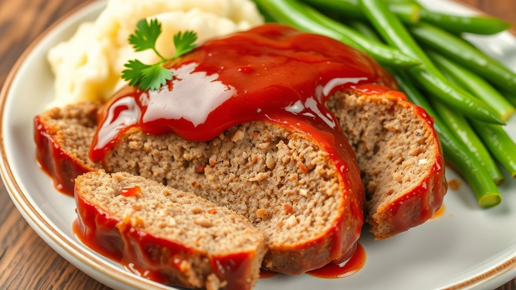 Perfectly sliced meatloaf with thick layer of glazed sauce on top, plated with mashed potatoes and green beans, garnished with fresh parsley