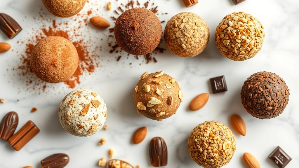 Close-up overhead shot of finished medicine balls arranged on white marble surface, some dusted with cocoa powder, others rolled in crushed nuts, with scattered ingredients like dates, almonds, and dark chocolate pieces around them