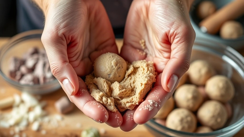 Action shot of hands rolling medicine ball mixture between palms, showing the dough texture and consistency, with a bowl of finished balls and ingredients visible in soft-focused background