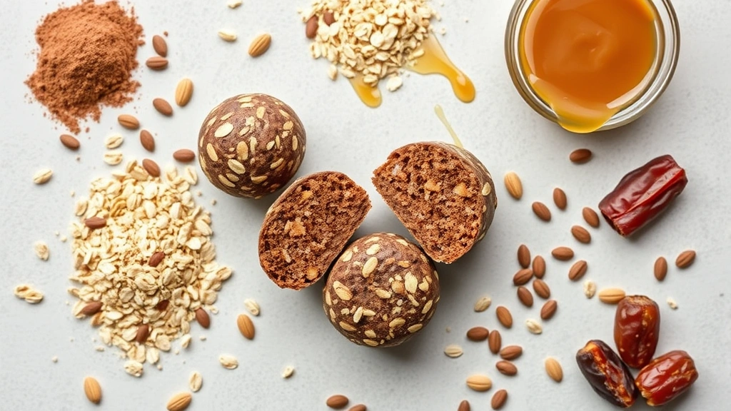 Flat lay composition featuring sliced medicine balls showing interior texture, surrounded by individual ingredients (cocoa powder, rolled oats, almond butter, honey drizzle, dates, seeds) arranged artistically on neutral background