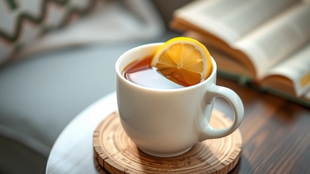 Finished Medicine Ball tea in a white ceramic mug sitting on a wooden coaster, garnished with a fresh lemon slice on the rim, soft morning light, blurred comfortable reading space in background