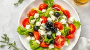 Overhead shot of fresh Mediterranean salad on white plate with crispy romaine lettuce, ripe red tomatoes, creamy white feta crumbles, black kalamata olives, thin red onion slices, and fresh green herbs garnish, golden olive oil drizzle visible