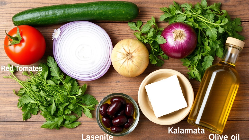 Flat lay arrangement of Mediterranean salad ingredients before mixing: whole tomatoes, English cucumber, red onion, fresh herbs bundle, block of feta cheese, kalamata olives in bowl, small glass bottle of extra virgin olive oil, all on rustic wooden surface