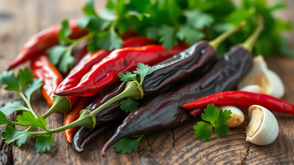 Close-up of dried Mexican chiles (ancho, guajillo, pasilla) arranged on rustic wooden surface with fresh cilantro and garlic cloves, natural lighting, vibrant red and dark colors, photorealistic food photography