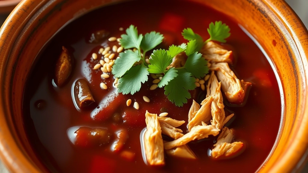 Bowl of rich dark red mole sauce with sesame seeds sprinkled on top, tender shredded chicken visible, warm lighting, traditional ceramic bowl, garnished with fresh cilantro, authentic Mexican presentation
