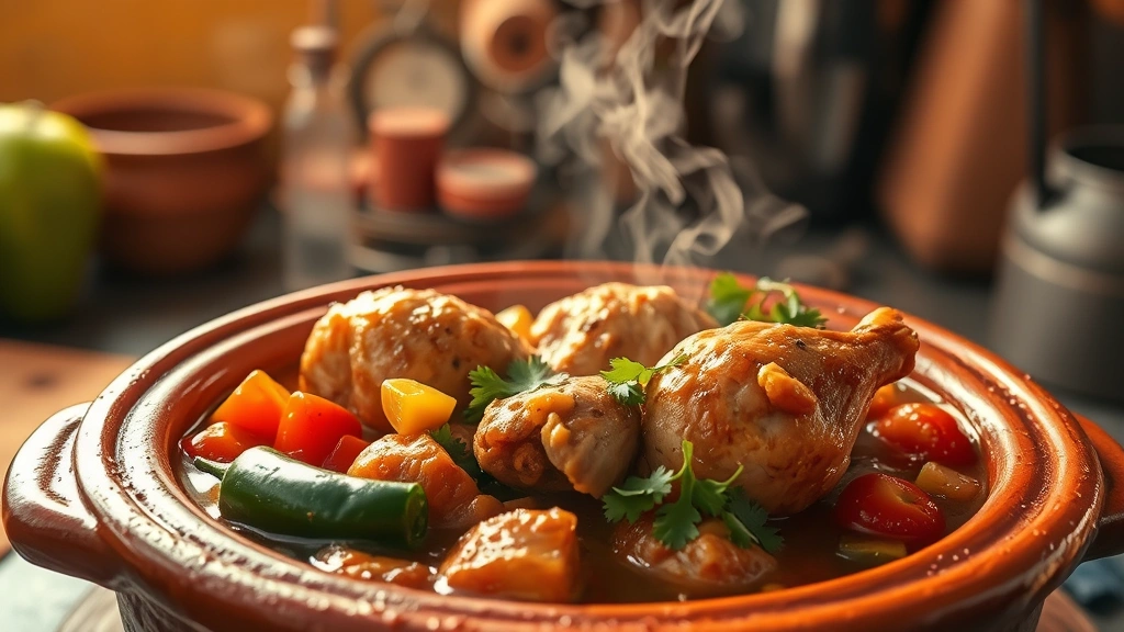 Steaming clay pot of pollo a la mexicana with visible jalapeños, tomatoes, and cilantro, steam rising, rustic kitchen background, warm golden lighting, traditional Mexican cooking scene, close-up perspective