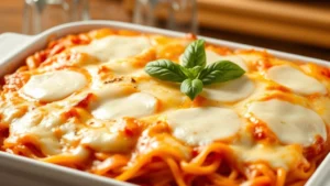 Golden-brown baked spaghetti casserole with melted mozzarella cheese bubbling on top, steam rising, fresh basil garnish visible, served in white ceramic baking dish