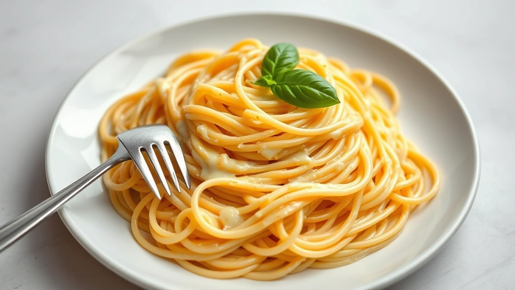 Plated serving of million dollar spaghetti with strands of spaghetti intertwined with creamy cheese, steam visible, garnished with fresh basil leaf, on white dinner plate with fork