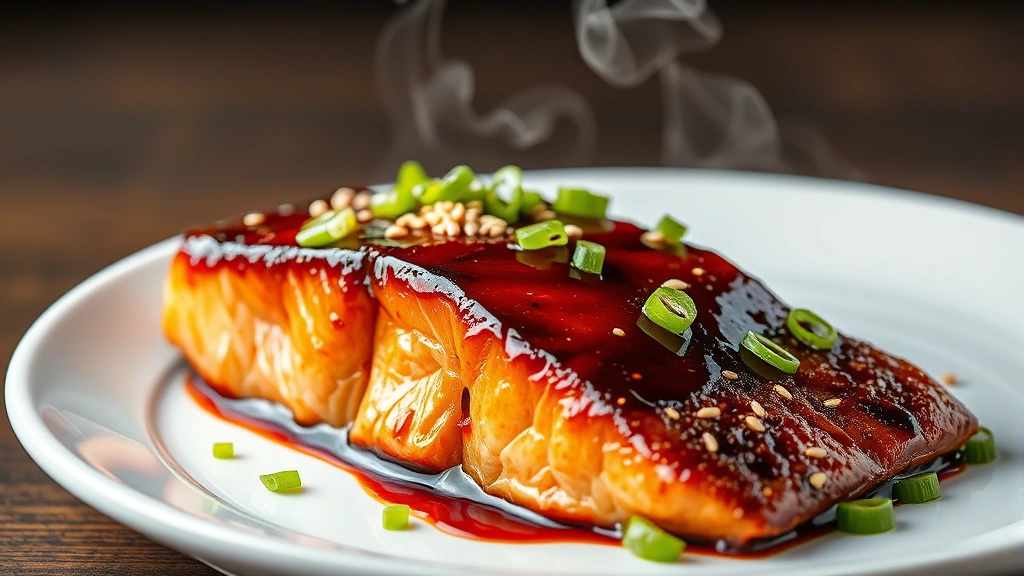 Glossy mahogany-glazed salmon fillet with crispy skin, sesame seeds and sliced green onions on white plate, steam rising, professional food photography