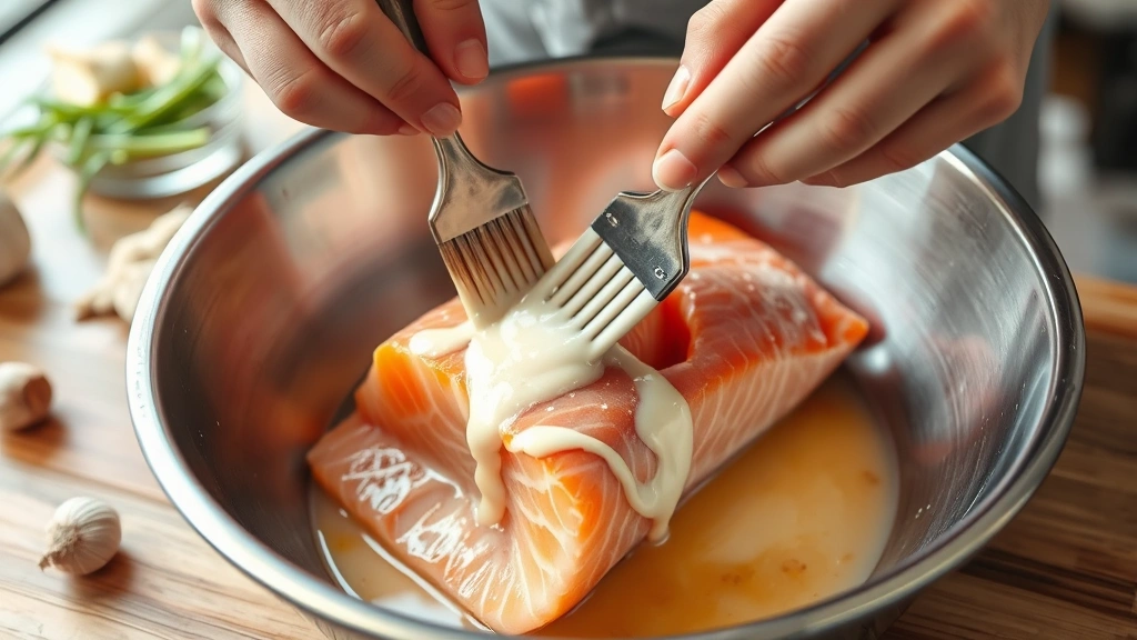 Hands brushing white miso glaze onto raw salmon fillet in stainless steel bowl, garlic and ginger visible, natural kitchen lighting