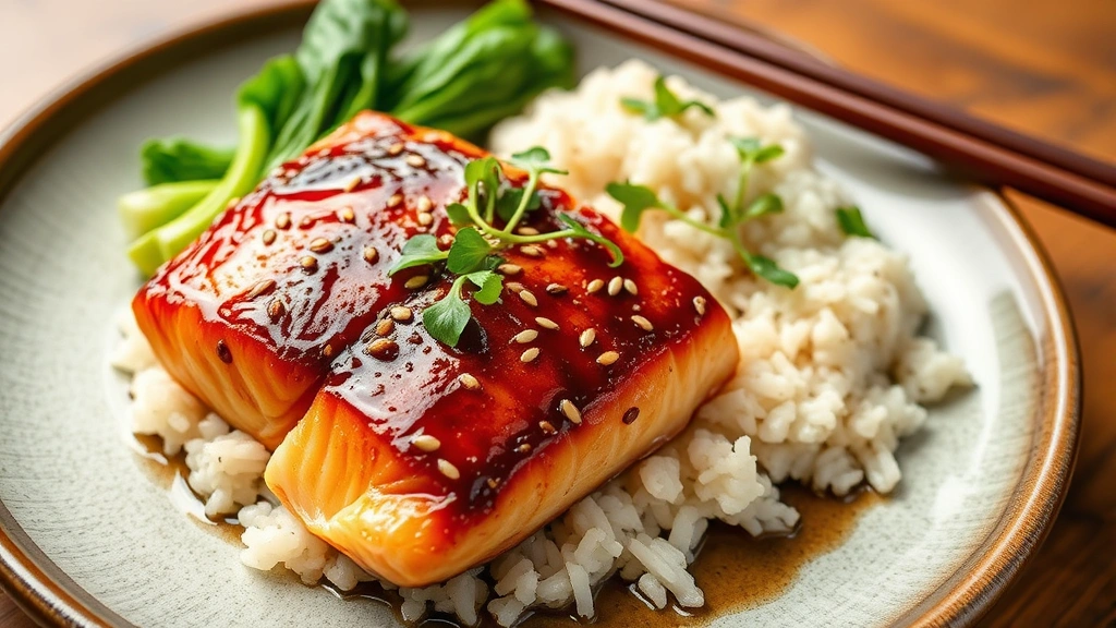 Perfectly cooked miso salmon on ceramic plate with steamed bok choy and jasmine rice, garnished with toasted sesame seeds and microgreens