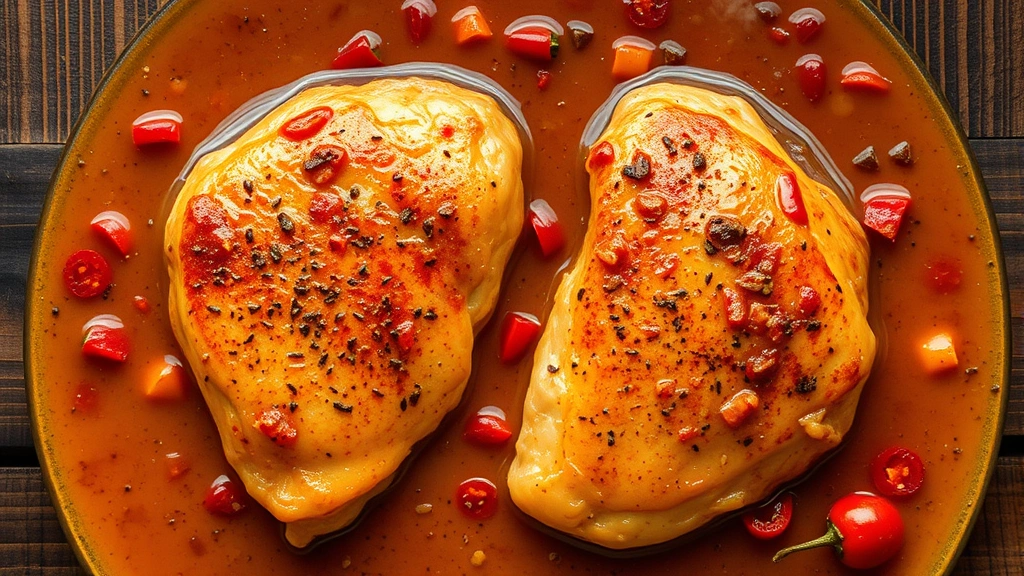 Overhead shot of golden-brown chicken breasts swimming in a rich, buttery sauce with bright red pepperoncini peppers scattered throughout, steam rising, warm lighting, shallow depth of field, professional food photography, rustic wooden table background