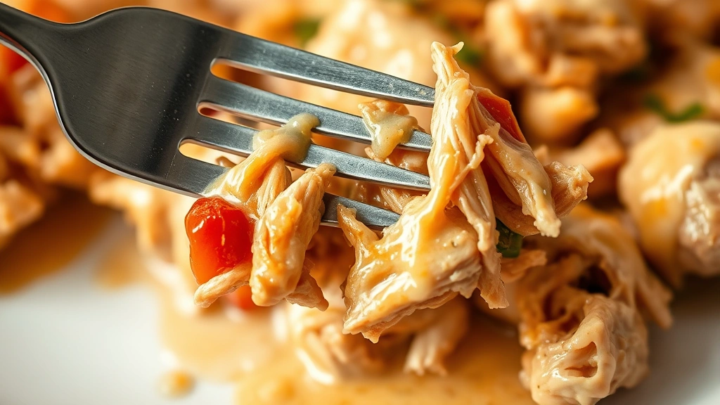 Close-up of a fork shredding tender Mississippi chicken, creamy tangy sauce clinging to the meat, peppers visible, warm soft lighting, macro photography style, droplets of sauce visible, isolated on white plate