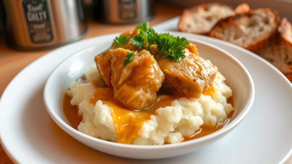 Finished Mississippi chicken served in a white bowl over creamy mashed potatoes, garnished with fresh green parsley, golden sauce coating everything, side of crusty bread visible, warm kitchen lighting, inviting home-cooked meal aesthetic