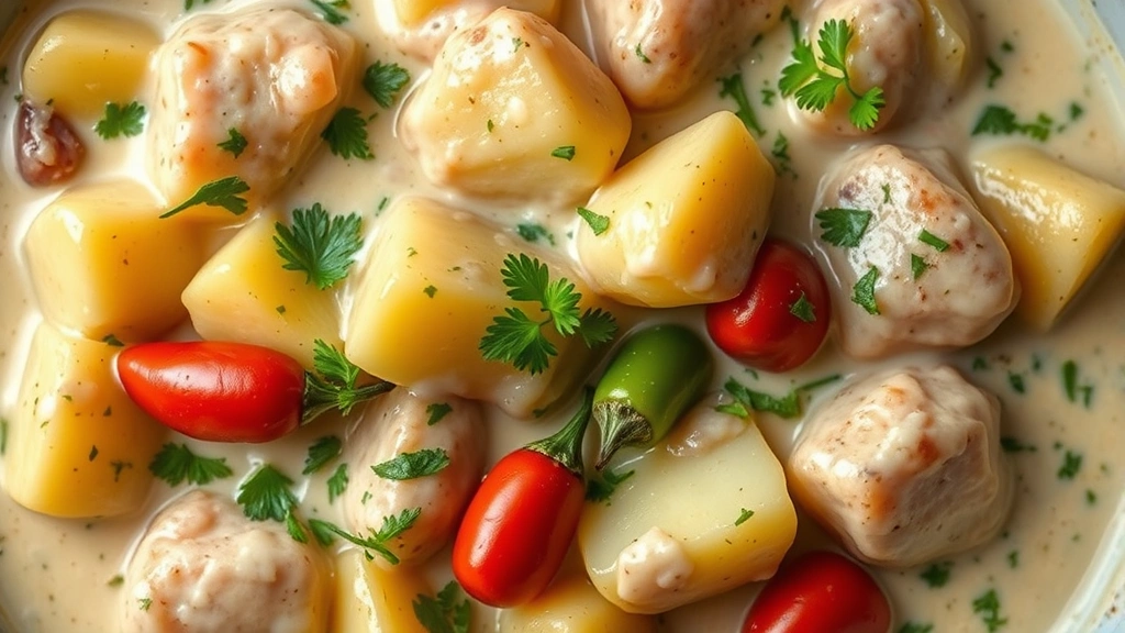 Overhead view of baking dish filled with tender potatoes in thick, luxurious cream sauce, garnished with fresh parsley and whole pepperoncini peppers, rustic family-style plating
