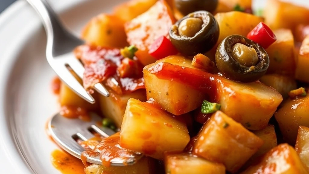 Close-up of Mississippi mud potatoes showing individual potato cubes glistening with sauce, pepperoncini peppers, and stuffed olives, fork resting on the edge of plate